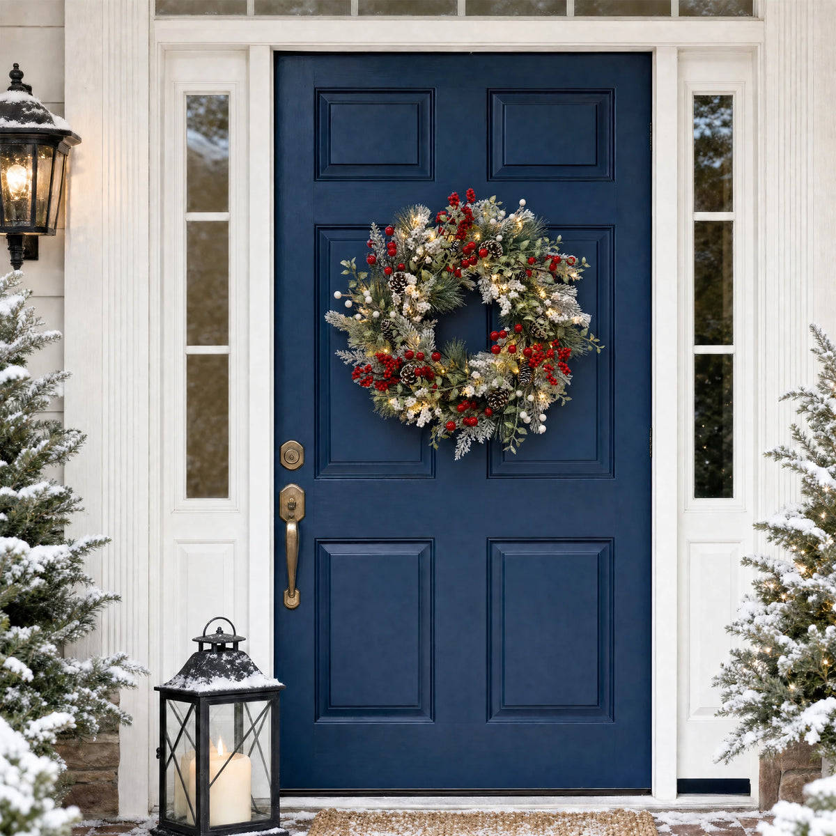 24 inch Pre-Lit Christmas Wreath with 20 LED Lights, 8-Mode Timer, Snowy Pinecone Berry Holiday Wreath for Front Door, Indoor Outdoor Decor