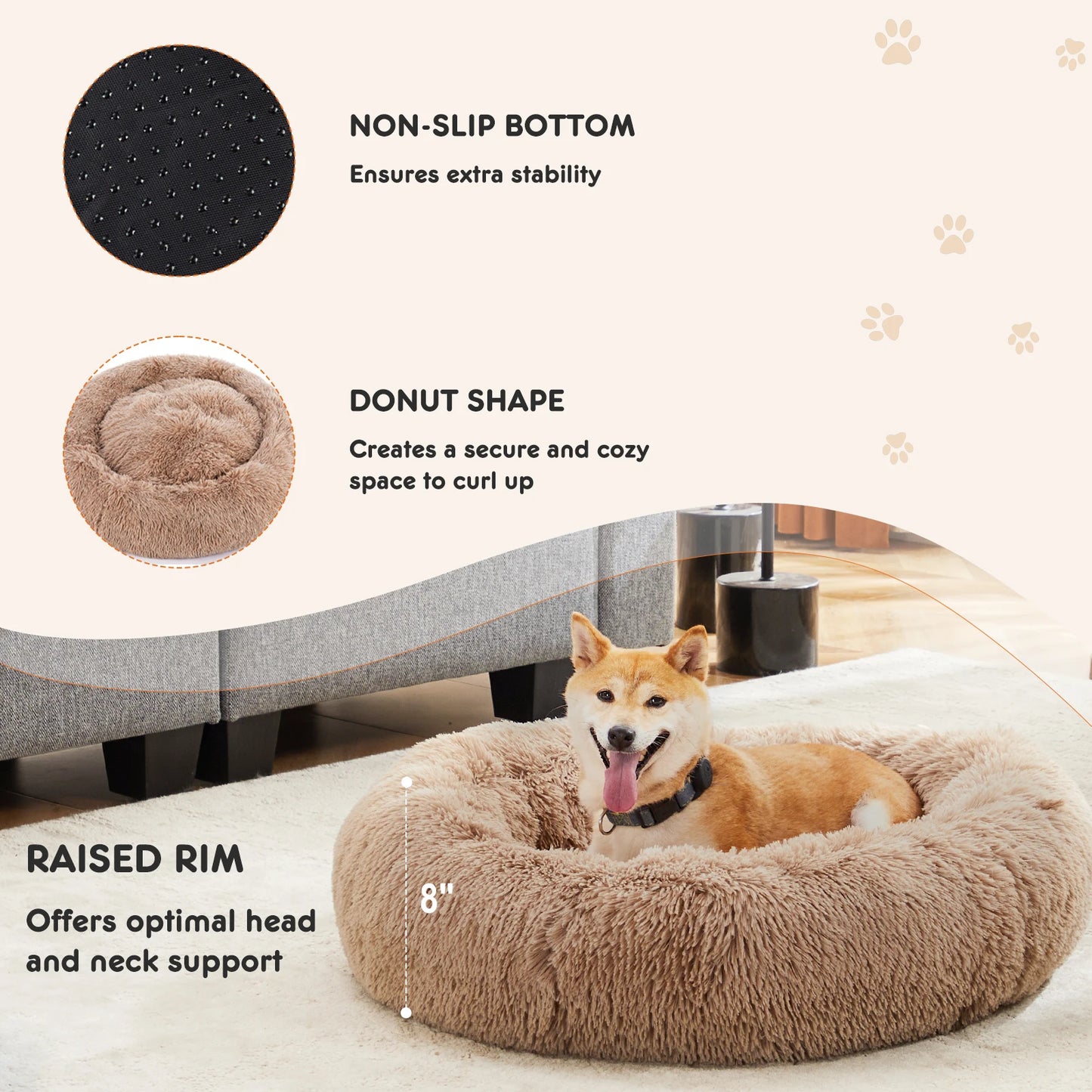 Calming Dog Bed for Medium to Large Dogs, Washable Anti-Slip Round