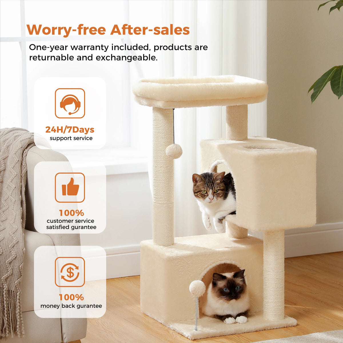 Large Cat Tree for Indoor Cats, Multi-Level Tower with Spacious Condos, Sisal Scratching Pad