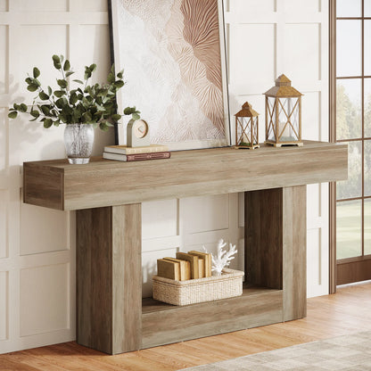 63" Console Table, Farmhouse 2-Tier Entryway Table with U-Shaped Base, Narrow Long Wood Sofa Table, Behind Couch Table