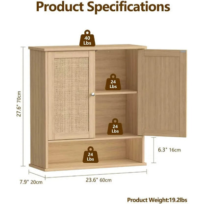 27.6" H Bathroom Wall Cabinet, Modern With Adjustable Shelf & 2 Rattan Doors