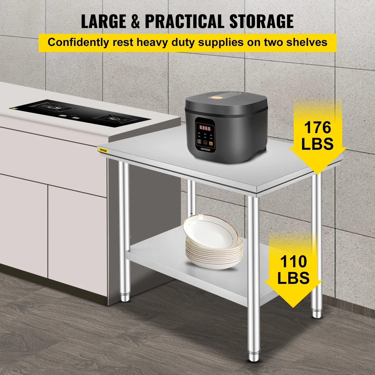 Kitchen Work Table for Commercial Catering, Garage, Restaurant with Undershelf, Stainless Steel