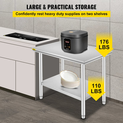 Kitchen Work Table for Commercial Catering, Garage, Restaurant with Undershelf, Stainless Steel