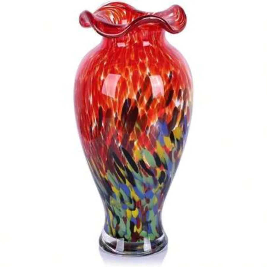 12.2H Murano Hand Blown Glass Vase, Ruffled Scalloped Rim