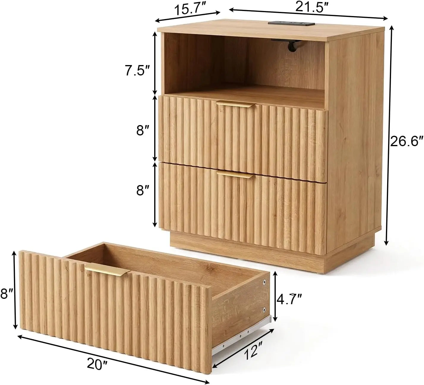 Nightstand with Charging Station, Fluted Bedside Table with 2 Storage Drawers & Open Shelf