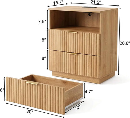 Nightstand with Charging Station, Fluted Bedside Table with 2 Storage Drawers & Open Shelf