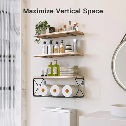 Bathroom Shelves Over Toilet with Storage Basket, Natural Wood