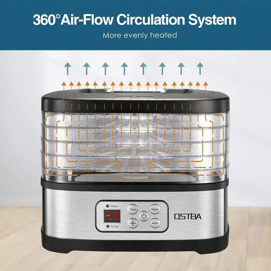 Stainless Steel Food Dehydrator with Adjustable Temperature & 72H Timer, 5-Trays