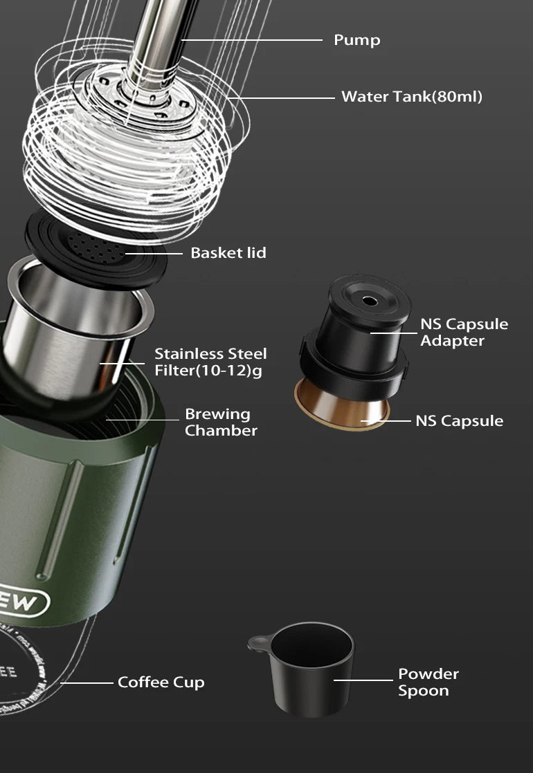 2 in 1 Portable Coffee Machine, Hot/Cold Water Manual Espresso Maker For Capsule & Ground