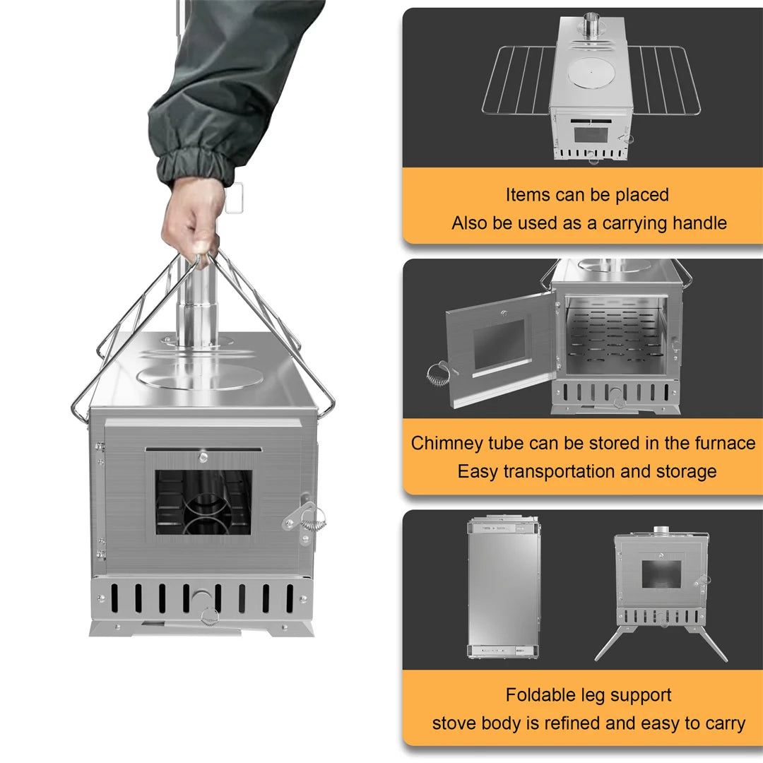 Hot Tent  Wood Burning Stove, Portable with 6 Stainless Chimney Pipes for Outdoor Heating & Cooking