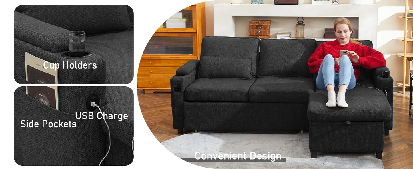 Sofa Bed Sleeper w/Pull Out and Storage,USB, Cup Holder