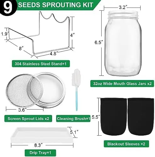 Sprouting Jar Kit 32 Oz – 2 Mason Jars with Lids, Sleeves, Tray & Brush