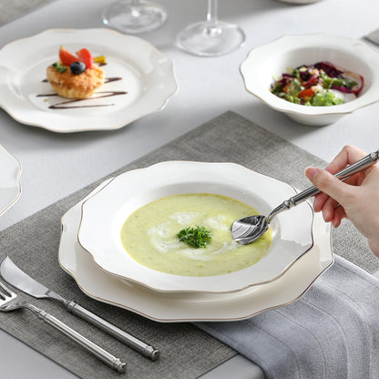 16/32-PIECE Nordic European Golden Rim White Porcelain Tableware Set with Bowl,Dinner&Dessert&Soup Plate Set for 4/8