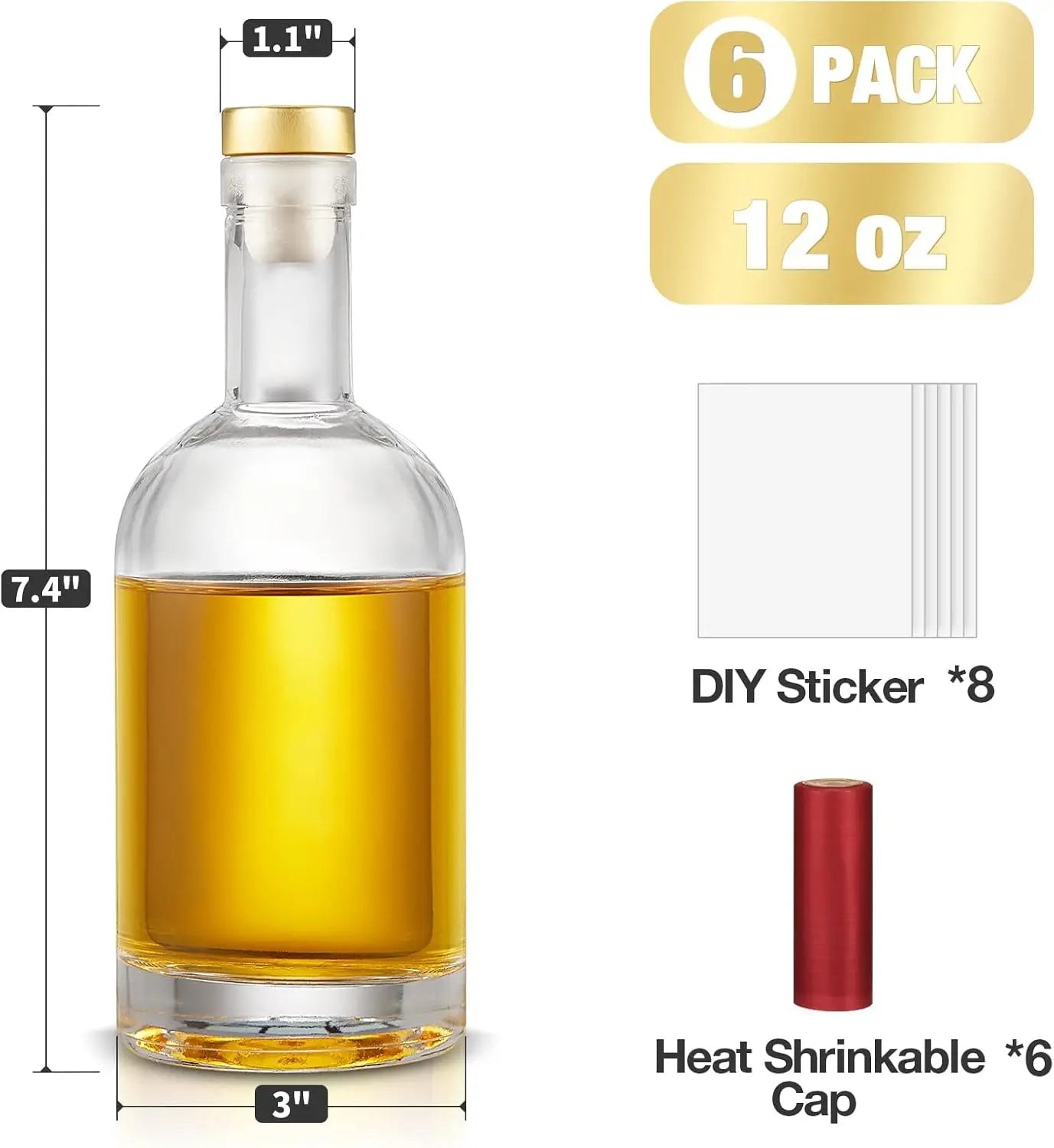 12 oz Glass Bottles with T-Top Caps, Set of 6 - Clear Heavy Base, Airtight Seal for Wine, Oil, Kombucha