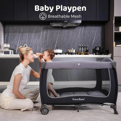 Baby Playard with Canopy, Portable Crib with Changing Table
