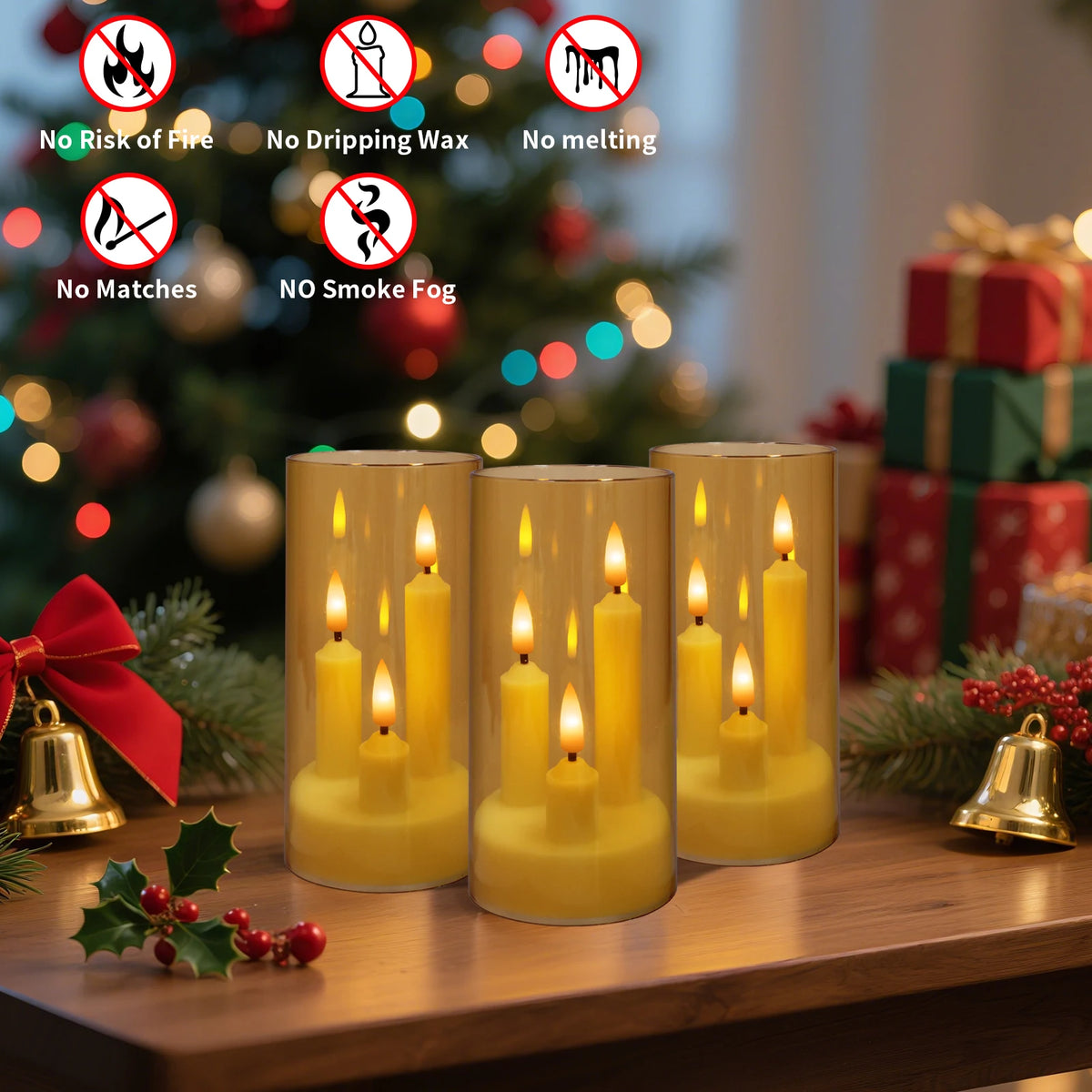 Flameless  Acrylic Short 3 in 1 Taper Candles, Warm Light Flickering Flameless Pillar, LED Electronic Tealight Battery Operated Decor