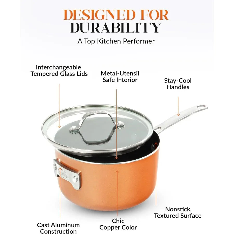 Stackable Pots and Pans, 10 Piece Cookware Set with Ultra Nonstick Cast Texture, Ceramic Coating Copper