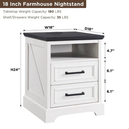 18 Inch Farmhouse Nightstands Set of 2, 2 Drawer Storage & Charging Station