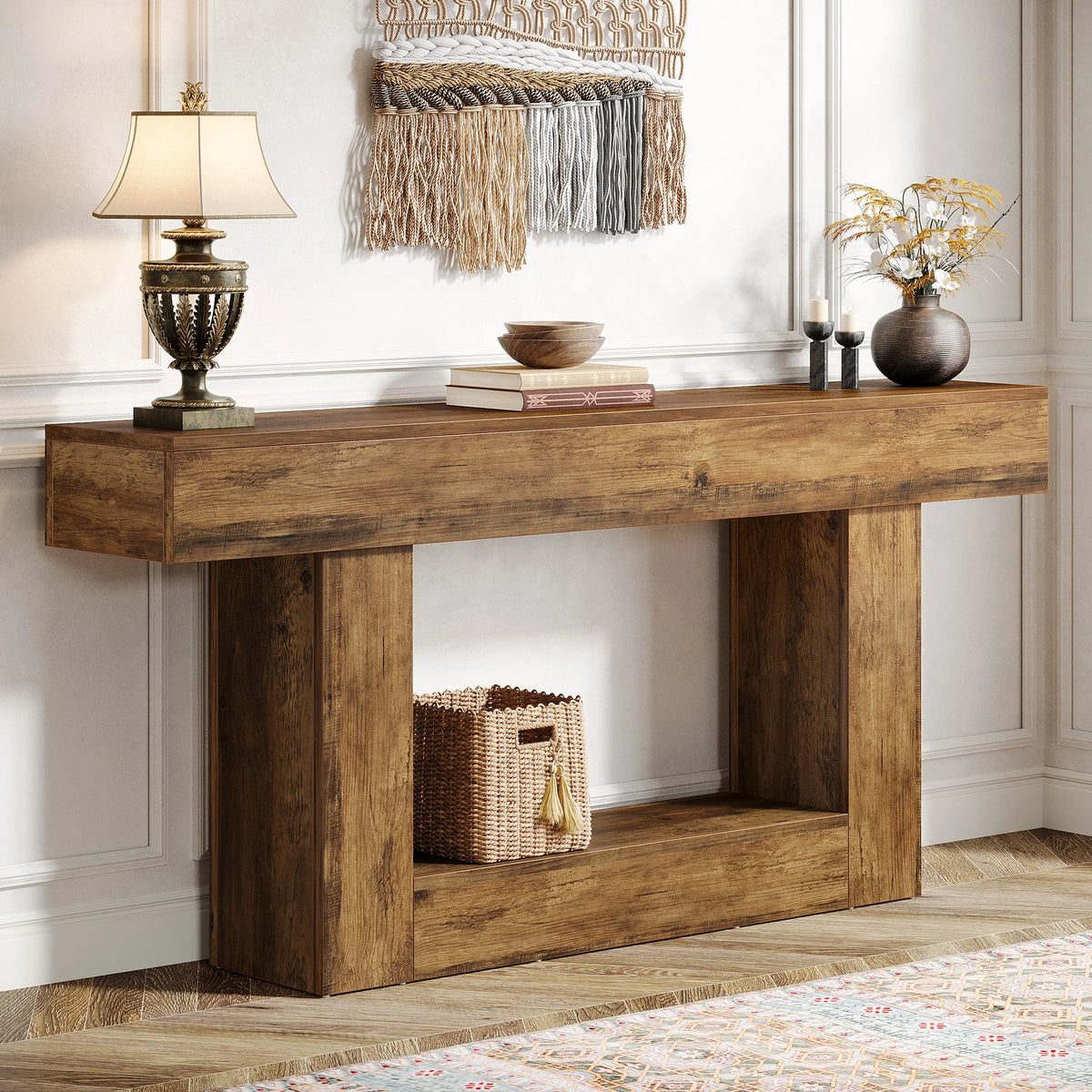 63" Console Table, Farmhouse 2-Tier Entryway Table with U-Shaped Base, Narrow Long Wood Sofa Table, Behind Couch Table