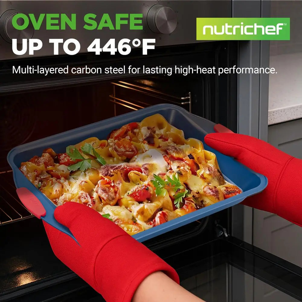 6Piece Nonstick Bakeware Set, Carbon Steel Baking Pans with Red Silicone Handles, Blue Coating