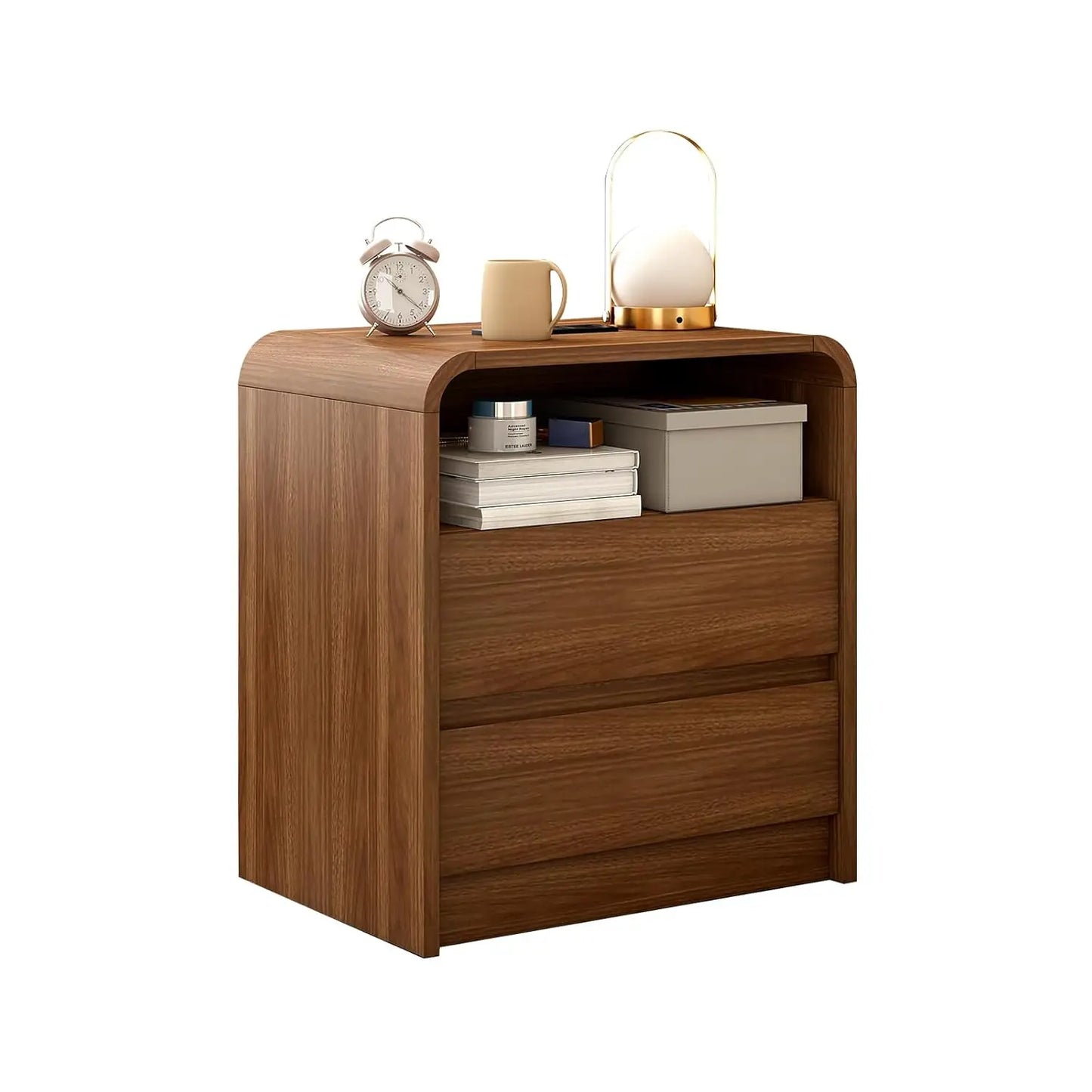 23.6" Walnut Nightstand with Charging Station, Mid Century Modern