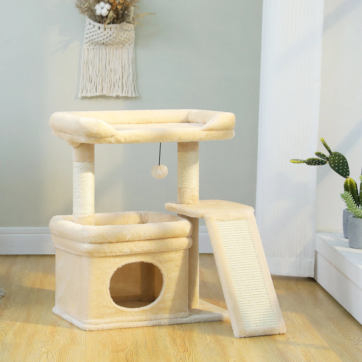 Small Cat Tree for Indoor Cat, Tower with Sisal Scratching Post and Pad, Wide Top Perch