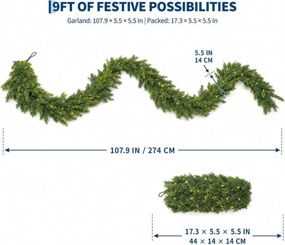 9Ft Norfolk Pine Christmas Garland,  Artificial Layered Faux Greenery, Christmas Wreaths with 50 Led Lights 8 Lighting Modes for Home Party Decoration Outdoor Yard Pine Rattan Hanging Ornaments