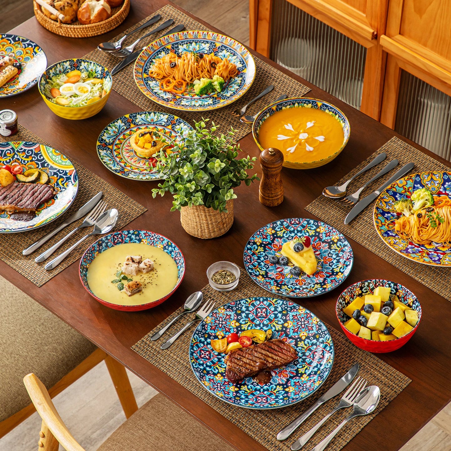 12/16/18/24 Piece Ceramic Dinnerware Set, Stoneware Bohemian Style