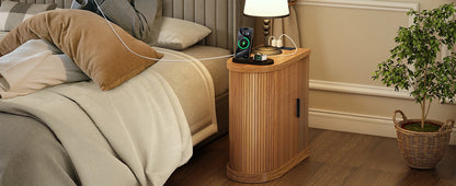 Nightstands with Charging Station, Narrow Side Table with Storage Doors and Shelves, for Small Spaces, Walnut