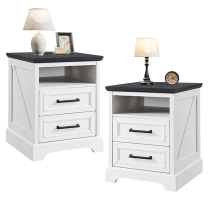 18 Inch Farmhouse Nightstands Set of 2, 2 Drawer Storage & Charging Station