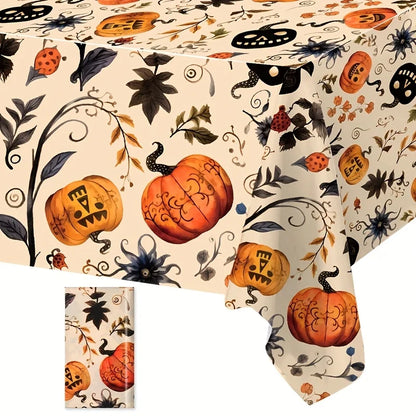1pc,Halloween Pumpkin Tablecloth, 86.61*51.18inch, Beige Background Plastic Tablecover, Halloween Decoration for Home,Halloween Party,Table Decor