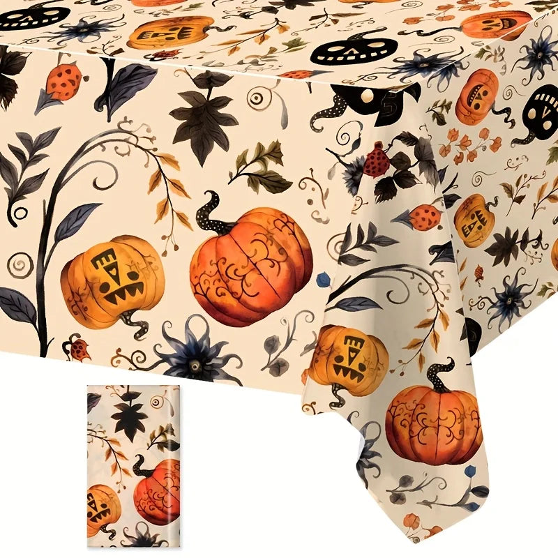1pc,Halloween Pumpkin Tablecloth, 86.61*51.18inch, Beige Background Plastic Tablecover, Halloween Decoration for Home,Halloween Party,Table Decor