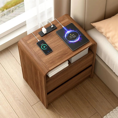 23.6" Walnut Nightstand with Charging Station, Mid Century Modern