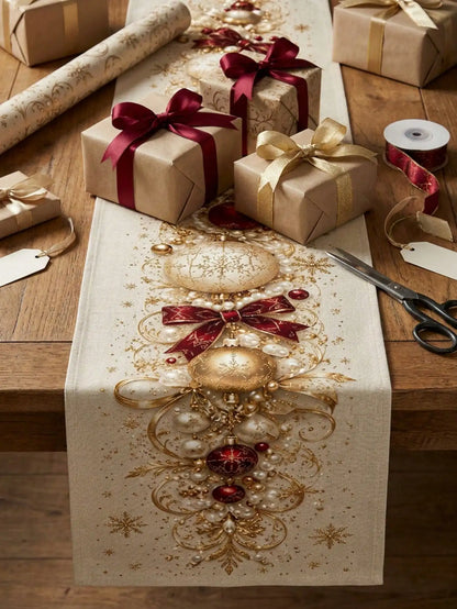 1pc Christmas Gold & Red Bow & Christmas Ball Print Table Runner, Cream White Linen-Feel Dining Table Cloth With Snowflake & Pearl Decorative Pattern