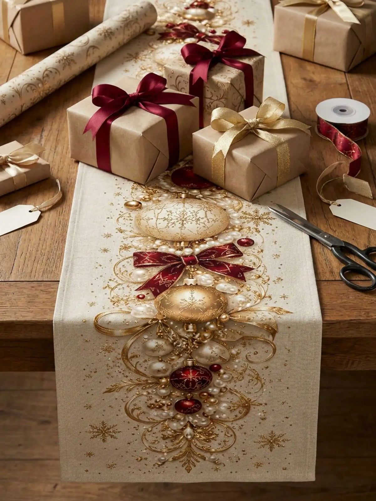 1pc Christmas Gold & Red Bow & Christmas Ball Print Table Runner, Cream White Linen-Feel Dining Table Cloth With Snowflake & Pearl Decorative Pattern