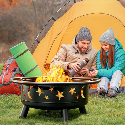 32 Inch Round Fire Pit with Mesh Cover, with Star and Moon Design