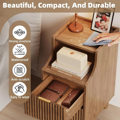 Narrow Nightstand Set of 2,11.8" Fluted with Slim Side 2 Drawers
