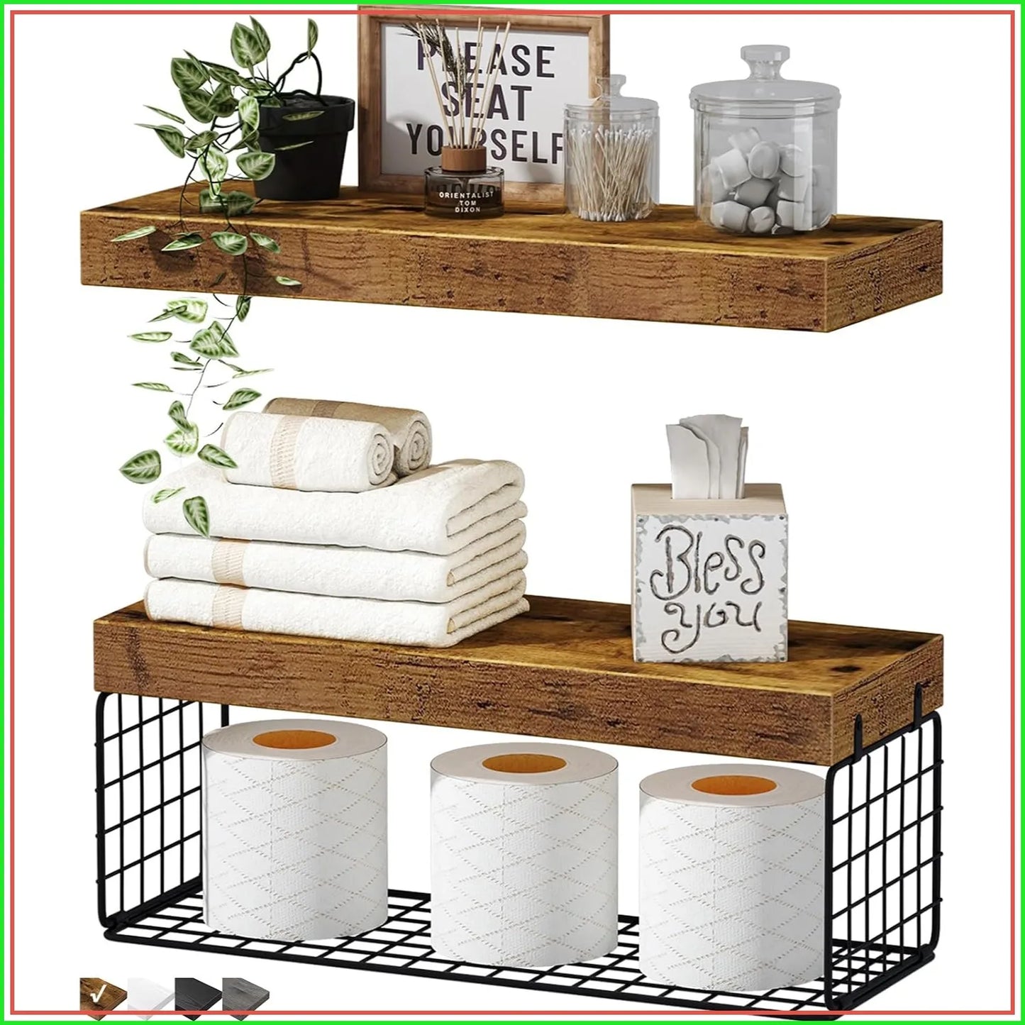 Farmhouse Bathroom Shelves Over Toilet, Set of 2, 16 inch, Rustic Brown, Wall Mounted Floating Shelf for Storage