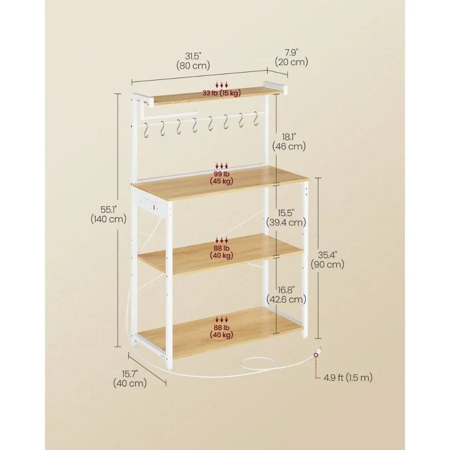 Kitchen Bakers Rack With Power Outlet, Coffee Bar 4-Tier With 8 S Hooks, Microwave Stand, Adjustable Shelf
