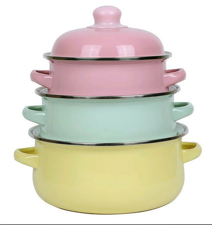 3Pcs Vintage Enamel Stock Pot Set with Lid,34oz/51oz/68oz Retro Flower
