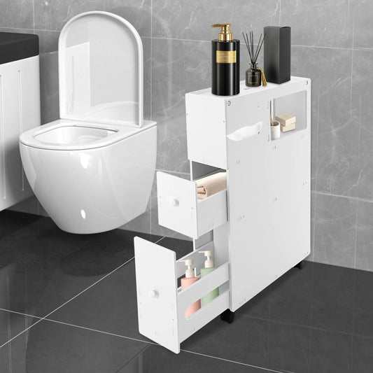 Modern Bathroom Storage Cabinet, PVC Narrow Floor Storage with Drawers, White