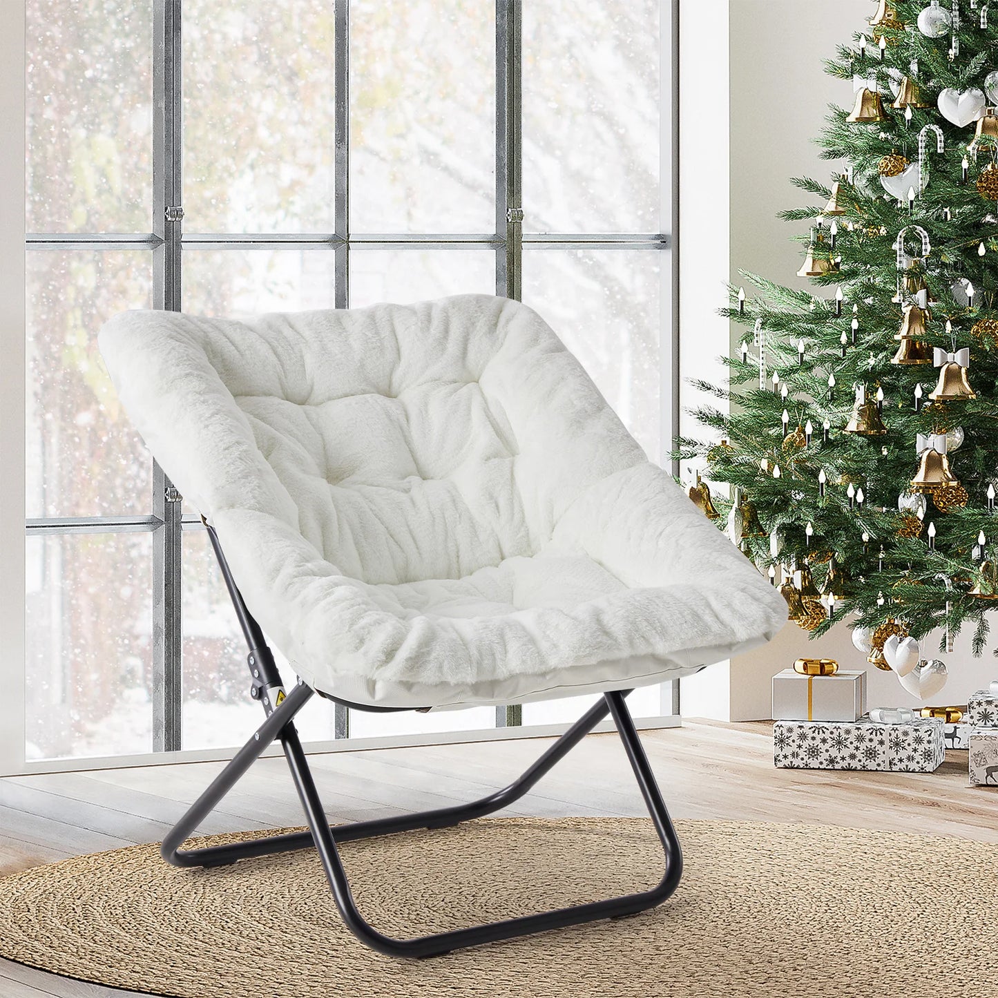 Cozy Saucer Chairs of Soft Faux Fur, Folding Lounge for Living Room, Padded Seat Metal Frame