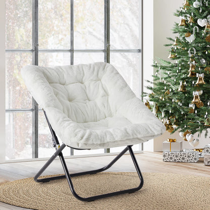 Cozy Saucer Chairs of Soft Faux Fur, Folding Lounge for Living Room, Padded Seat Metal Frame