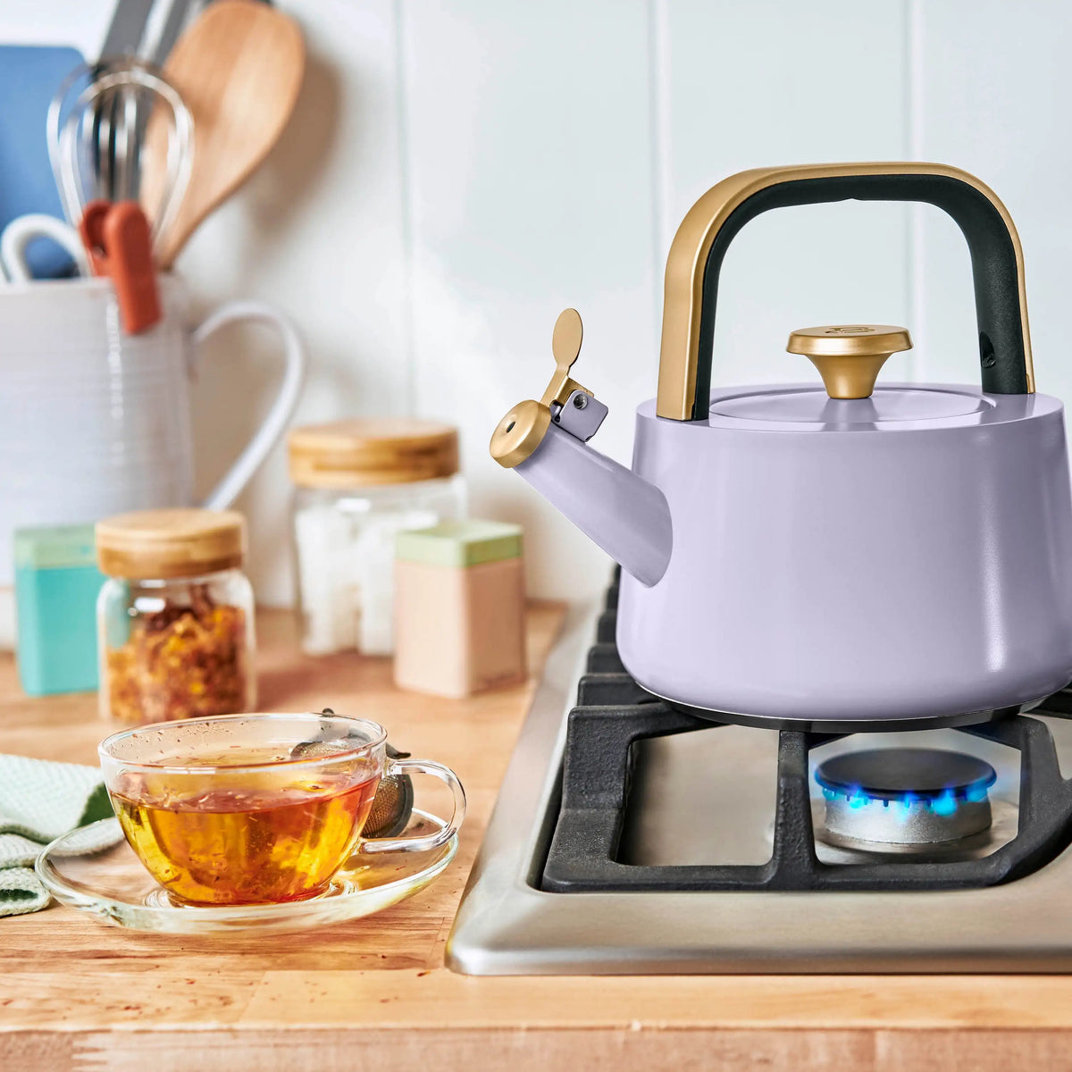 Beautiful 1.8L Ceramic Non-Stick Stovetop Tea Kettle, Sage Green by Drew Barrymore