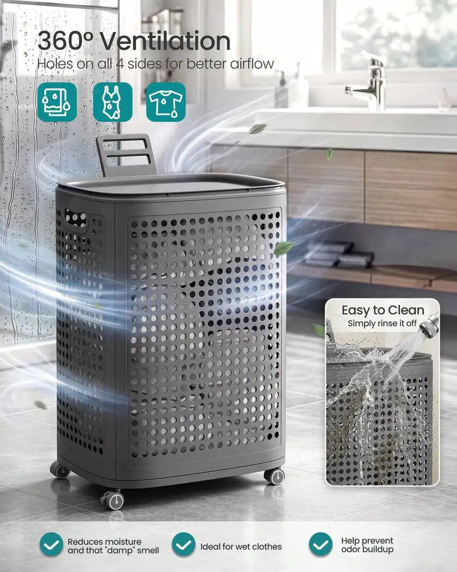 Laundry Hamper With Wheels, Plastic Laundry Basket, 19.8 Gallons (75 L), Slim Storage Basket, For Bathroom, Bedroom