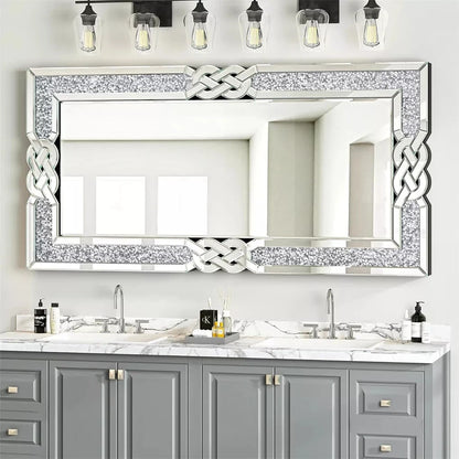 Crushed Diamond Wall Mirror, Rectangular Glass, Silver with Decorative Crystal Frame Edge