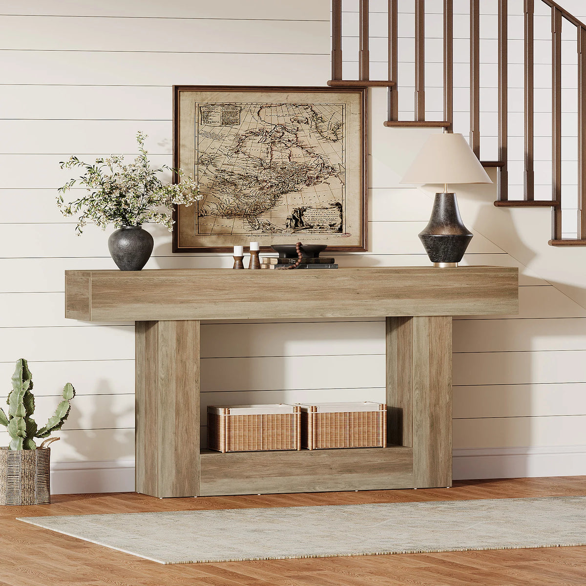 63" Console Table, Farmhouse 2-Tier Entryway Table with U-Shaped Base, Narrow Long Wood Sofa Table, Behind Couch Table