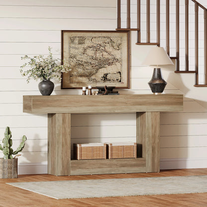 63" Console Table, Farmhouse 2-Tier Entryway Table with U-Shaped Base, Narrow Long Wood Sofa Table, Behind Couch Table
