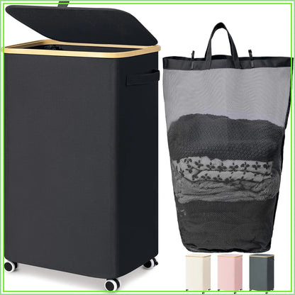 100L Rolling Laundry Basket with Wheels and Lid, with Removable Wash Bag