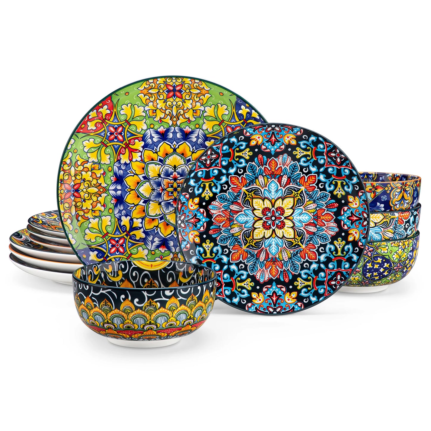 12/16/18/24 Piece Ceramic Dinnerware Set, Stoneware Bohemian Style